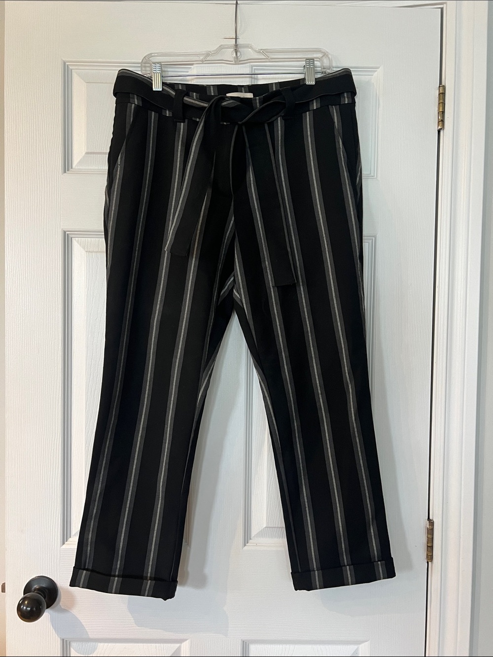 LOFT Black Trousers with Gray Pinstripes and Self-Tie Waist